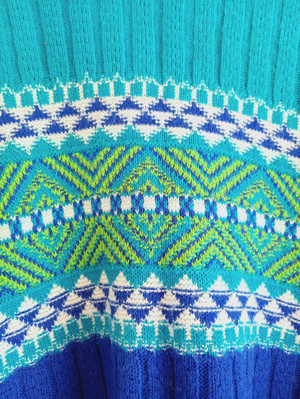 80s Teal & Royal Blue Nordic Knit Sweater Retro Cable Knit Colorblock Ski Winter - Picture 4 of 9
